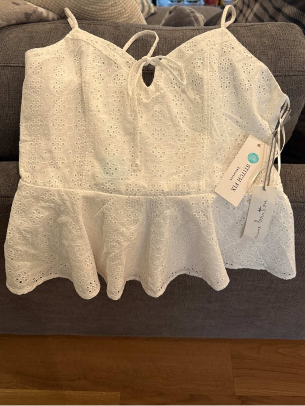 nine britton White Eyelet Peplum Cami Top